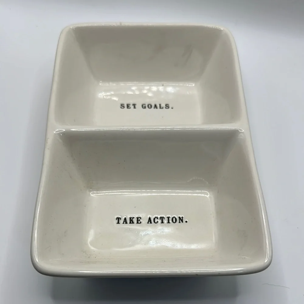 Rae Dunn, SET GOALS TAKE ACTION Dish White Ceramic Divided Dish